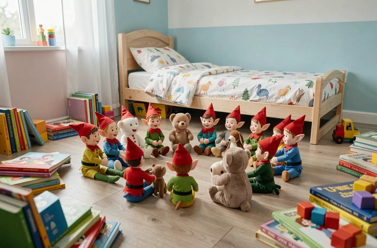 Figurines de lutins facétieux ayant organisé une réunion secrète de peluches dans une chambre d'enfant, bêtise de lutin de Noël originale et attendrissante