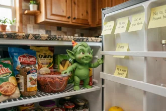 Lutin farceur espiègle caché dans le réfrigérateur de la cuisine avec des petits mots humoristiques, idée de bêtise amusante et inoffensive pour enfants