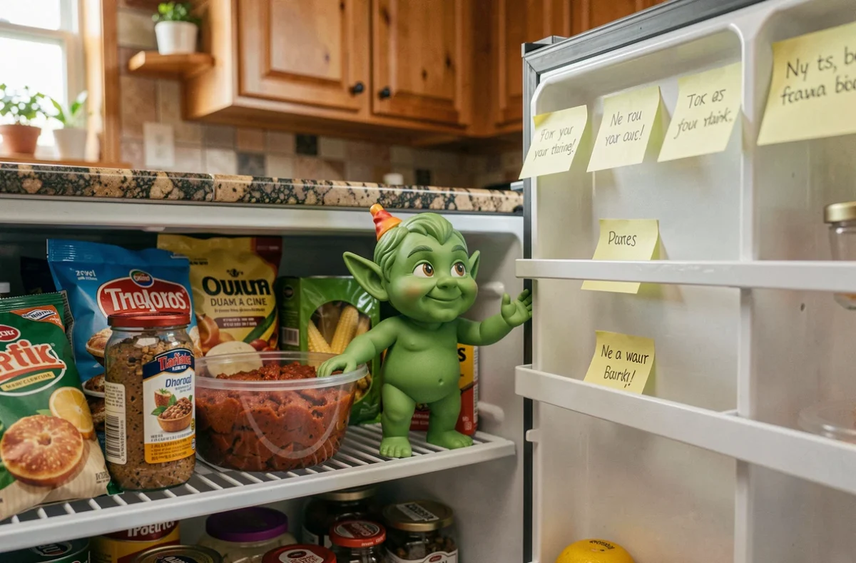 Lutin farceur espiègle caché dans le réfrigérateur de la cuisine avec des petits mots humoristiques, idée de bêtise amusante et inoffensive pour enfants
