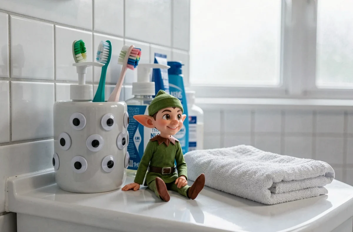 Lutin espiègle ayant collé des yeux rigolos sur les flacons de salle de bain, idée de farce de lutin de Noël simple et hilarante pour toute la famille