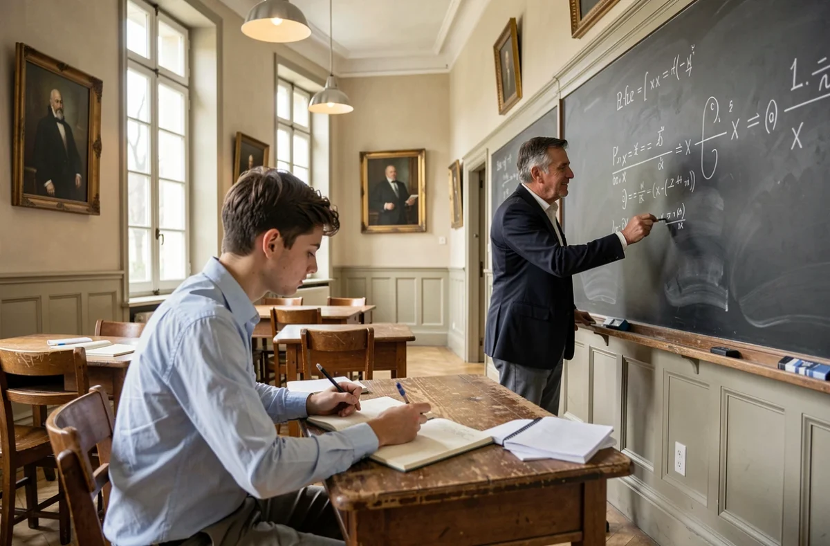 Cours magistral au lycée Saint-Charles Camas avec un professeur et un élève dans une salle classique