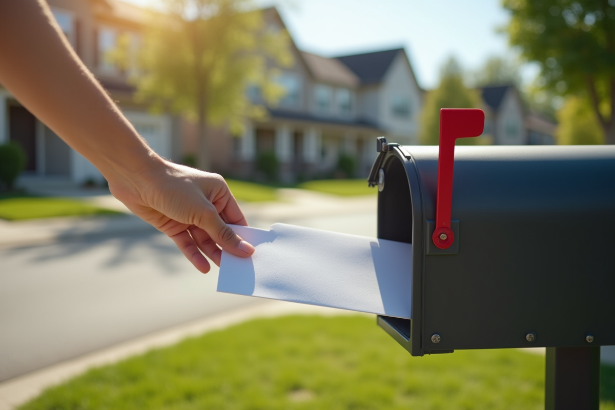 Main déposant une lettre dans une boîte aux lettres en banlieue