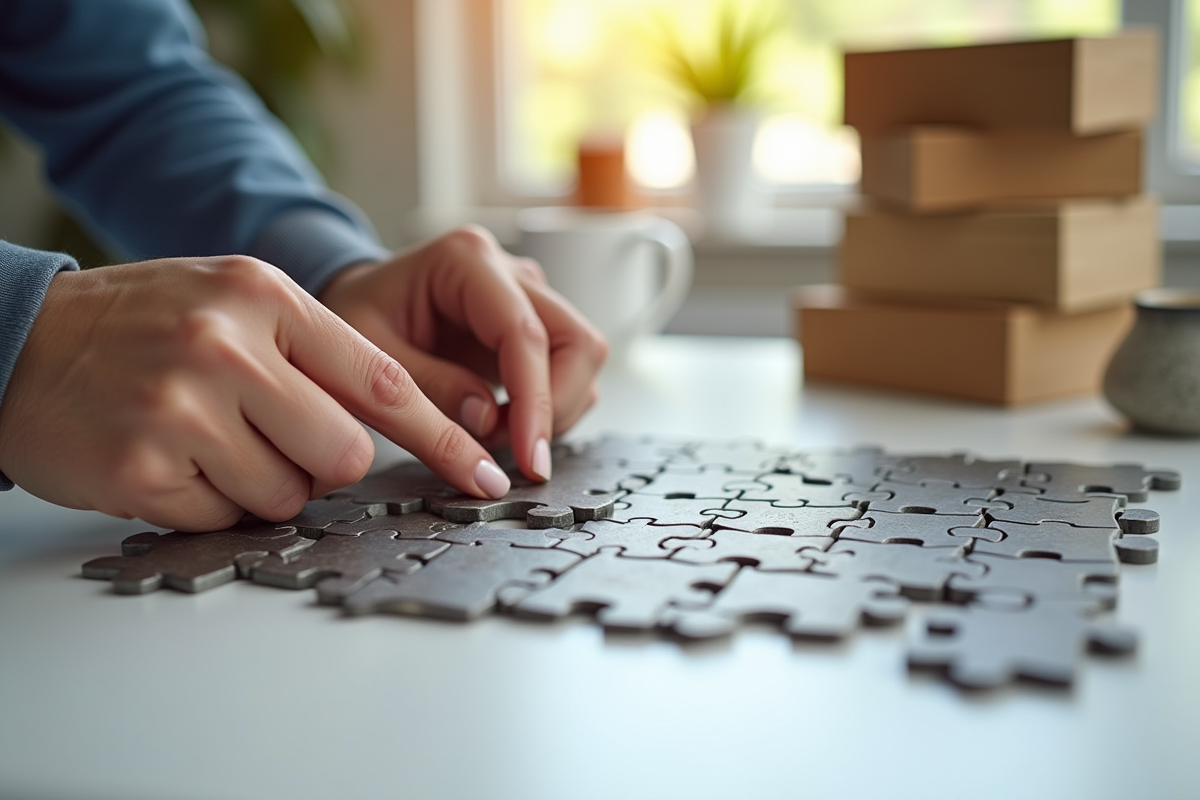 Mains posant la dernière pièce d