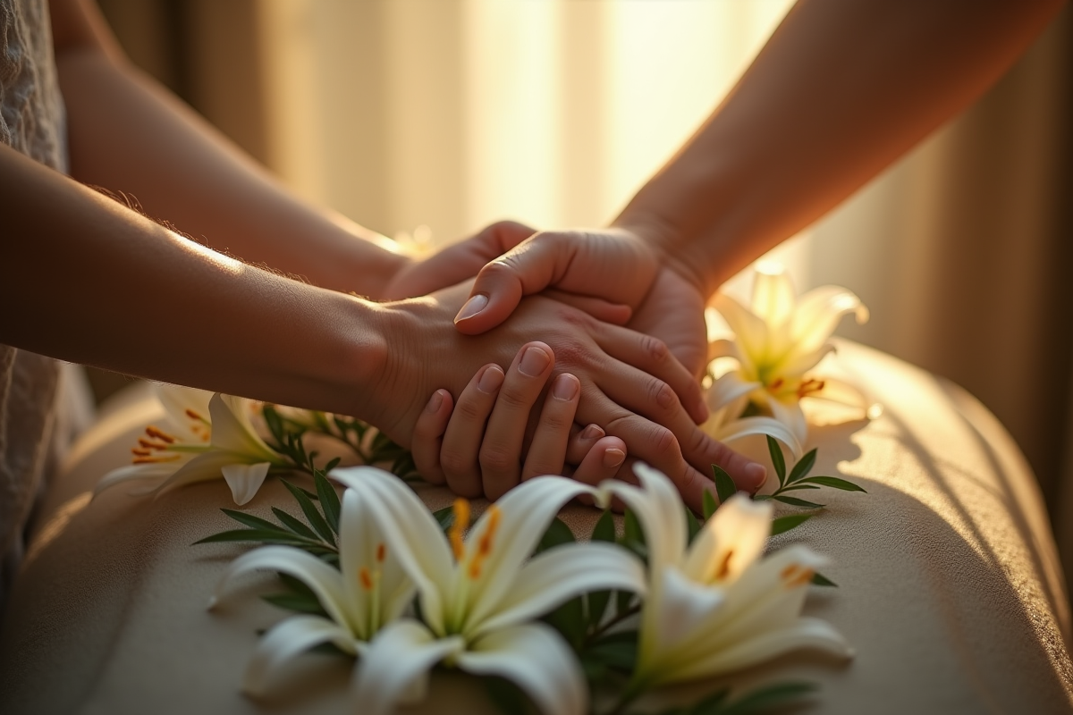 Deux mains entrelacees reposant sur un cercueil blanc