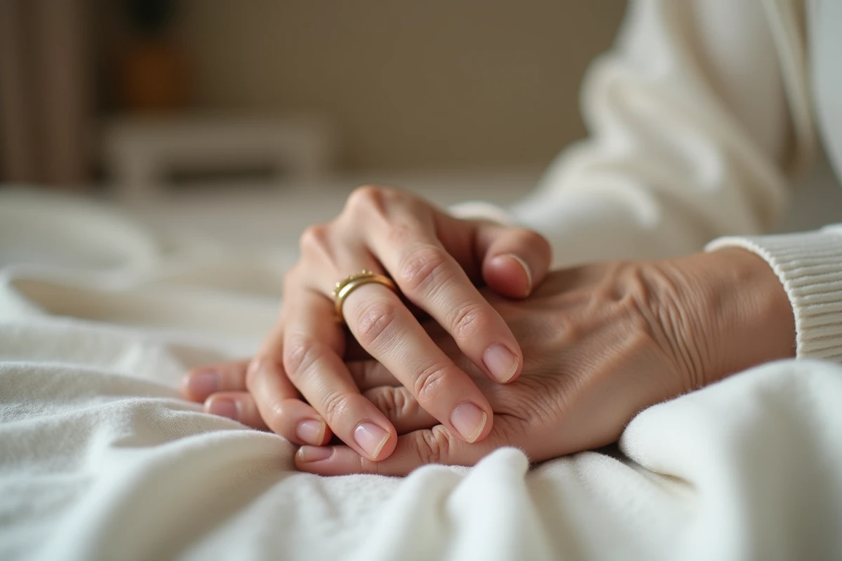 Mains entrelacées d'une mère et de sa fille adulte sur du linge blanc, symbole de tendresse et de souvenir maternel