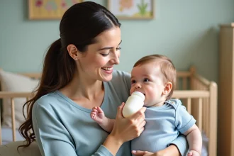 Maman souriante donnant le biberon à son bébé dans la nurserie