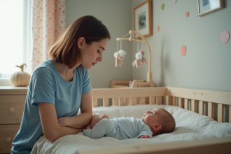Jeune maman inquiète avec son bébé dans la chambre moderne