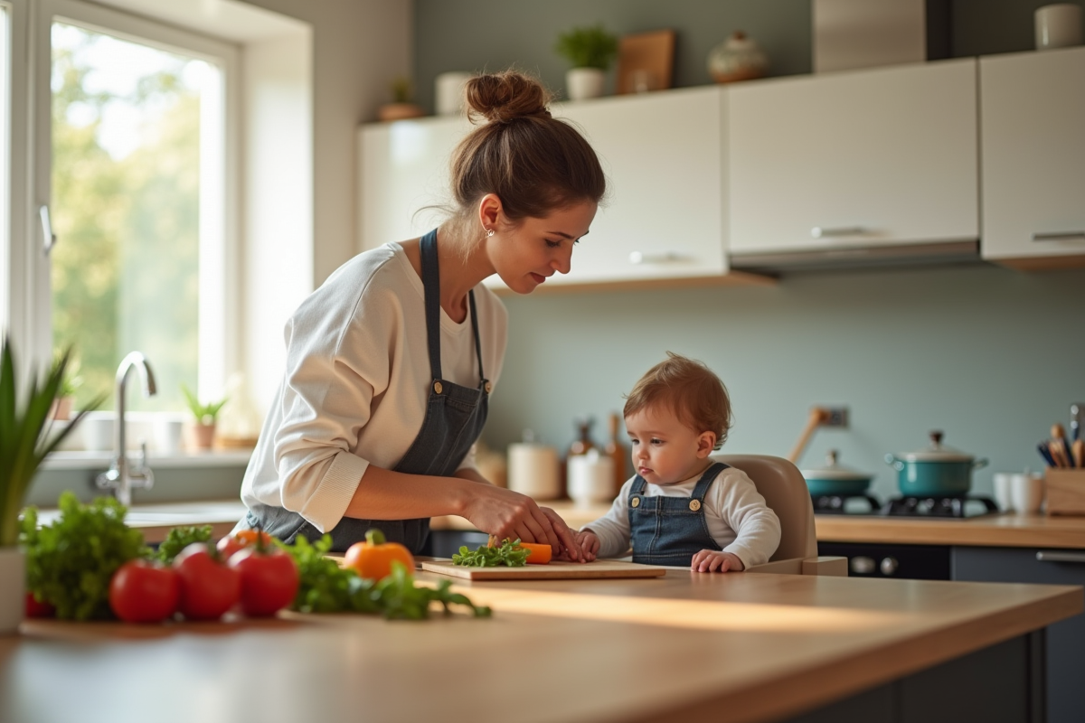 Maman préparant un repas sain en cuisine avec bébé à la chaise haute