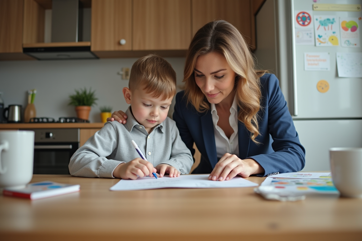 Femme et enfant travaillant sur un projet scolaire à la maison