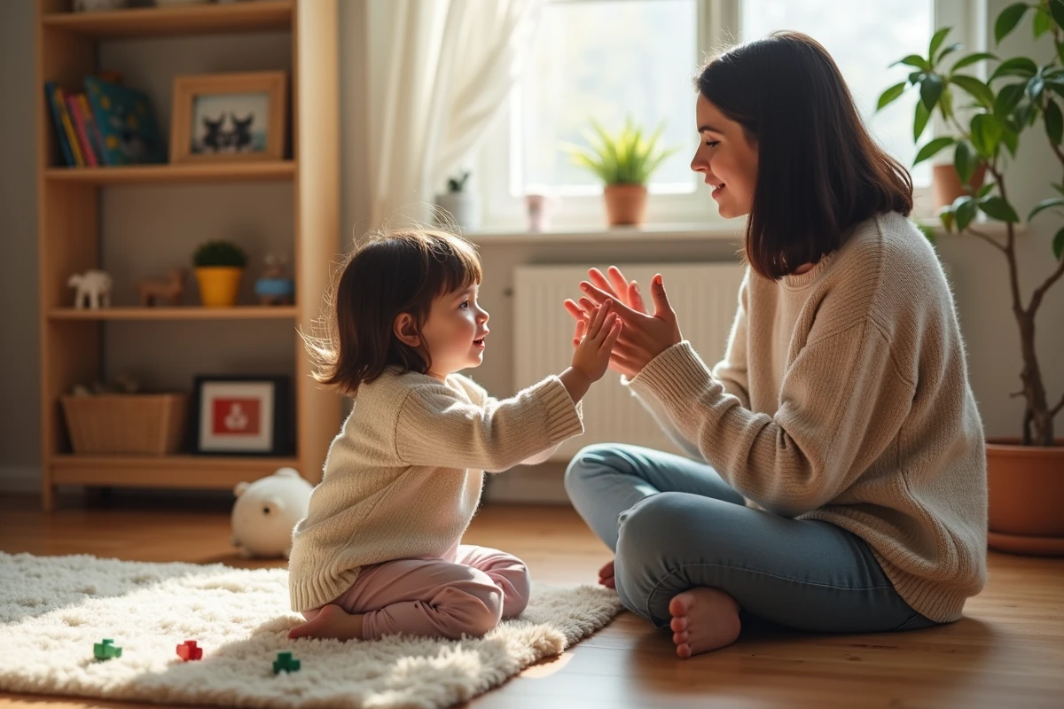 Mère et fille jouant et récitant une comptine à la maison