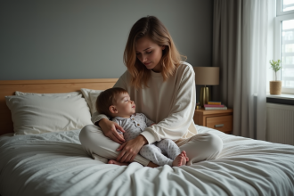 Maman fatiguée avec son bébé endormi dans un lit moderne