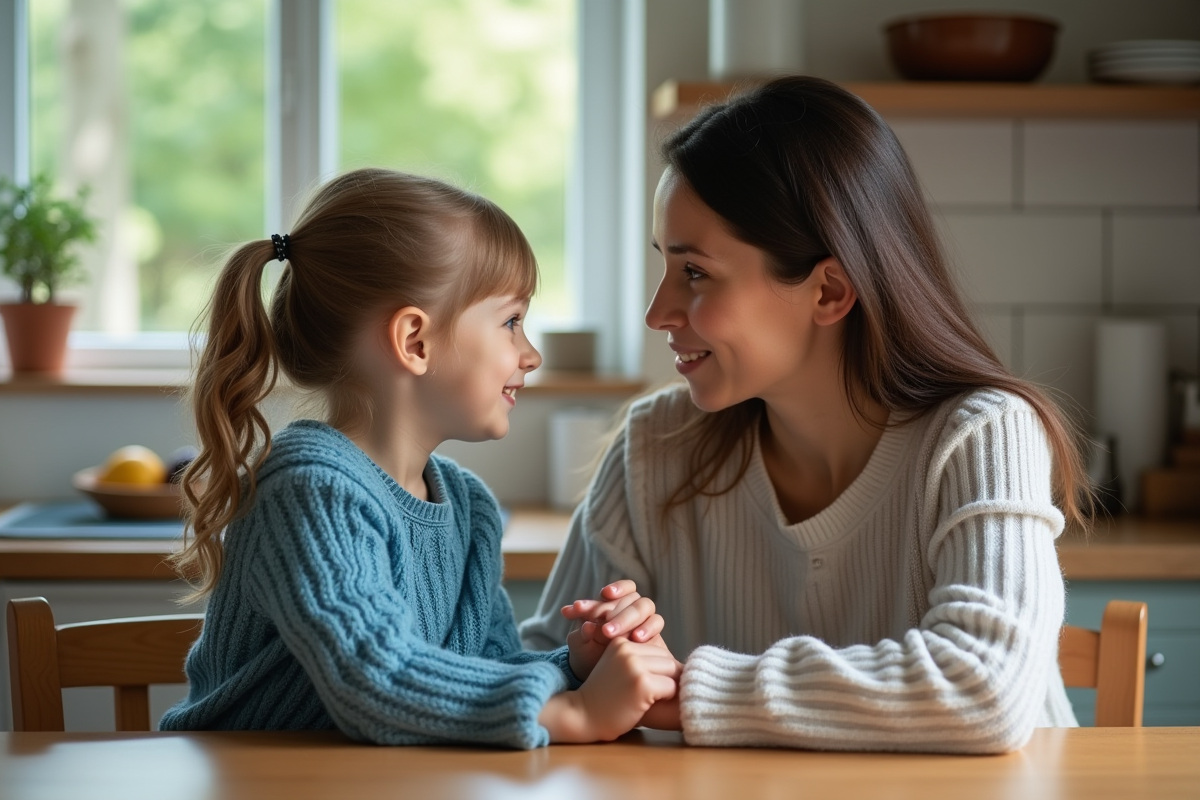 Maman et fille se regardent tendrement à la table de cuisine