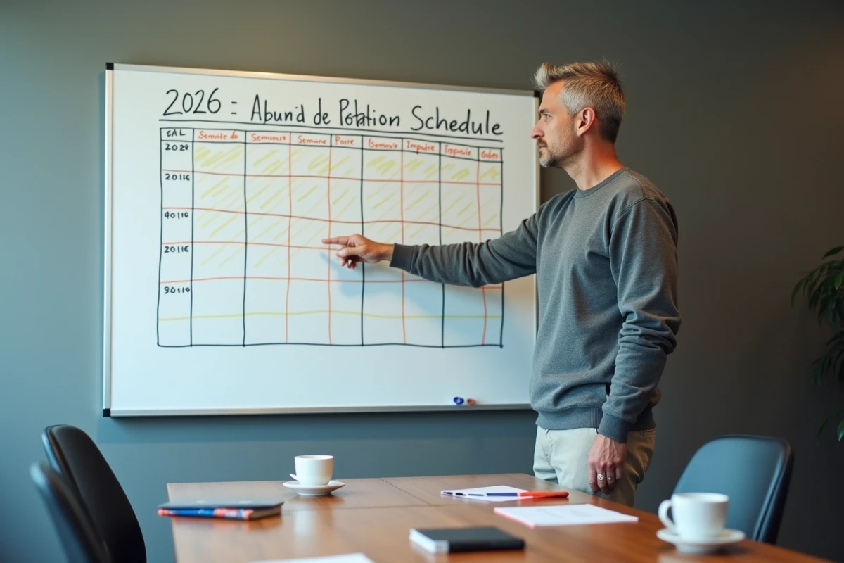 Manager présentant un planning d'astreintes 2026 avec rotation semaines paires impaires sur tableau blanc
