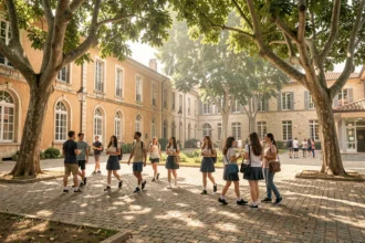 Vue d'ensemble d'un campus d'école privée dans les Bouches-du-Rhône avec des élèves dans une cour provençale