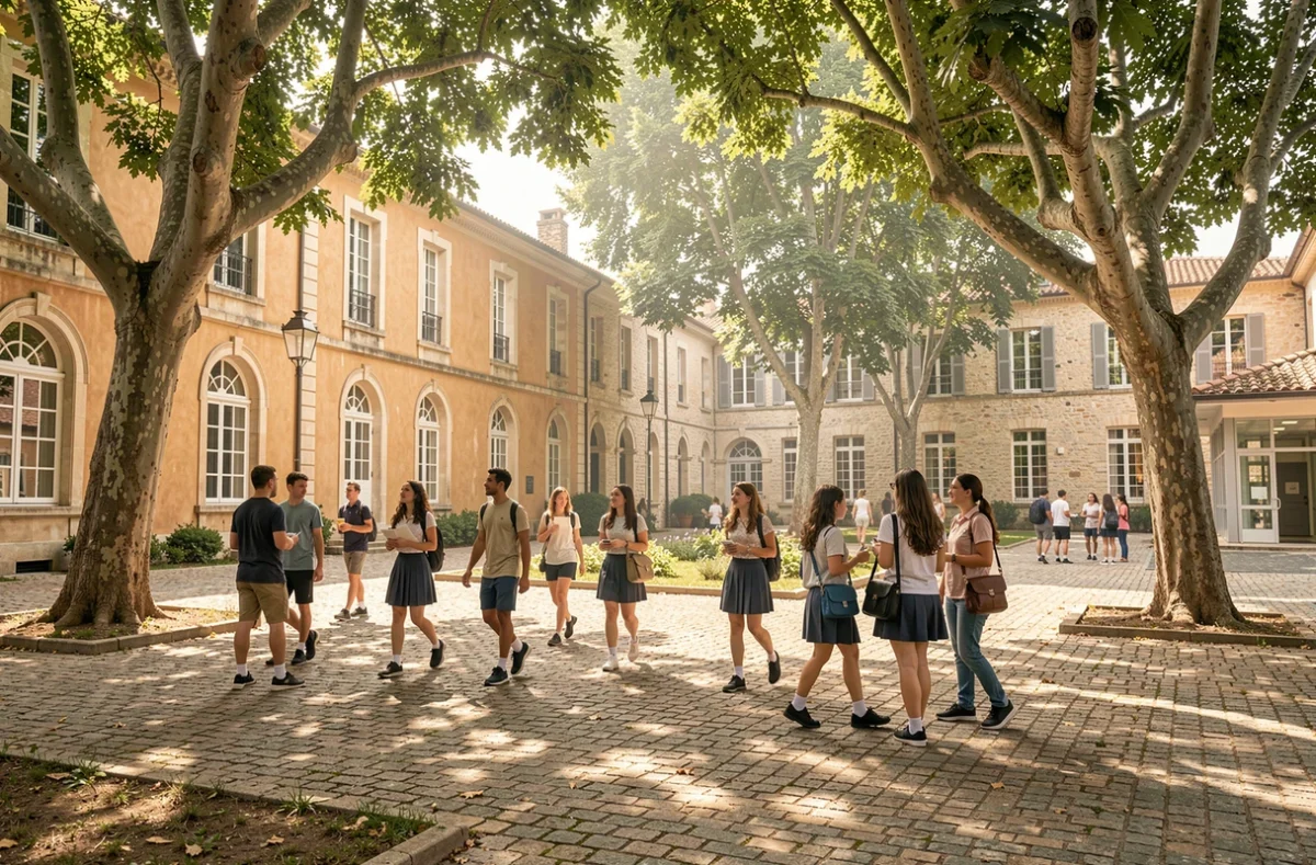 Vue d'ensemble d'un campus d'école privée dans les Bouches-du-Rhône avec des élèves dans une cour provençale