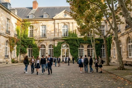 Vue panoramique d'une école privée en Centre-Val de Loire avec des élèves dans une cour de style architectural français classique