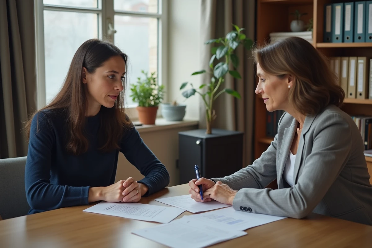 Mère discutant avec une conseillère d'une association de parents d'enfants handicapés autour de documents scolaires