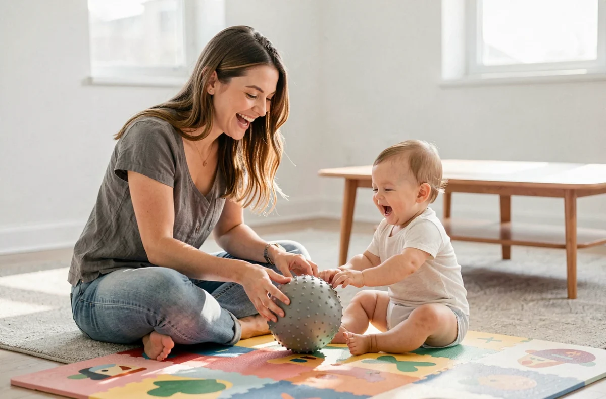 Mère et bébé d'un an jouant ensemble avec une balle sensorielle texturée sur un tapis de jeu dans un appartement lumineux