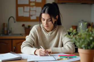 Mère de famille consultant le calendrier scolaire semaines paires et impaires 2026 à la table de cuisine