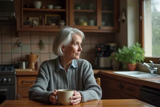 Femme d'âge mûr assise seule à une table de cuisine, tenant une tasse, regard perdu dans la fenêtre sous la pluie, exprimant une déception silencieuse