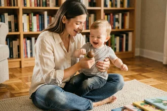 Mère et enfant en bas âge jouant à la chanson du Petit Escargot avec des jeux de mains sur un parquet en bois dans un salon chaleureux
