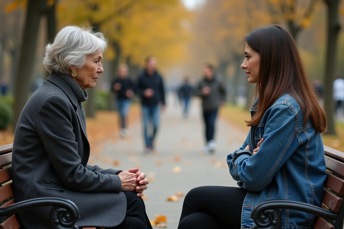 Mère et fille adulte assises sur un banc de parc en automne, tension émotionnelle visible, conversation difficile entre les deux femmes