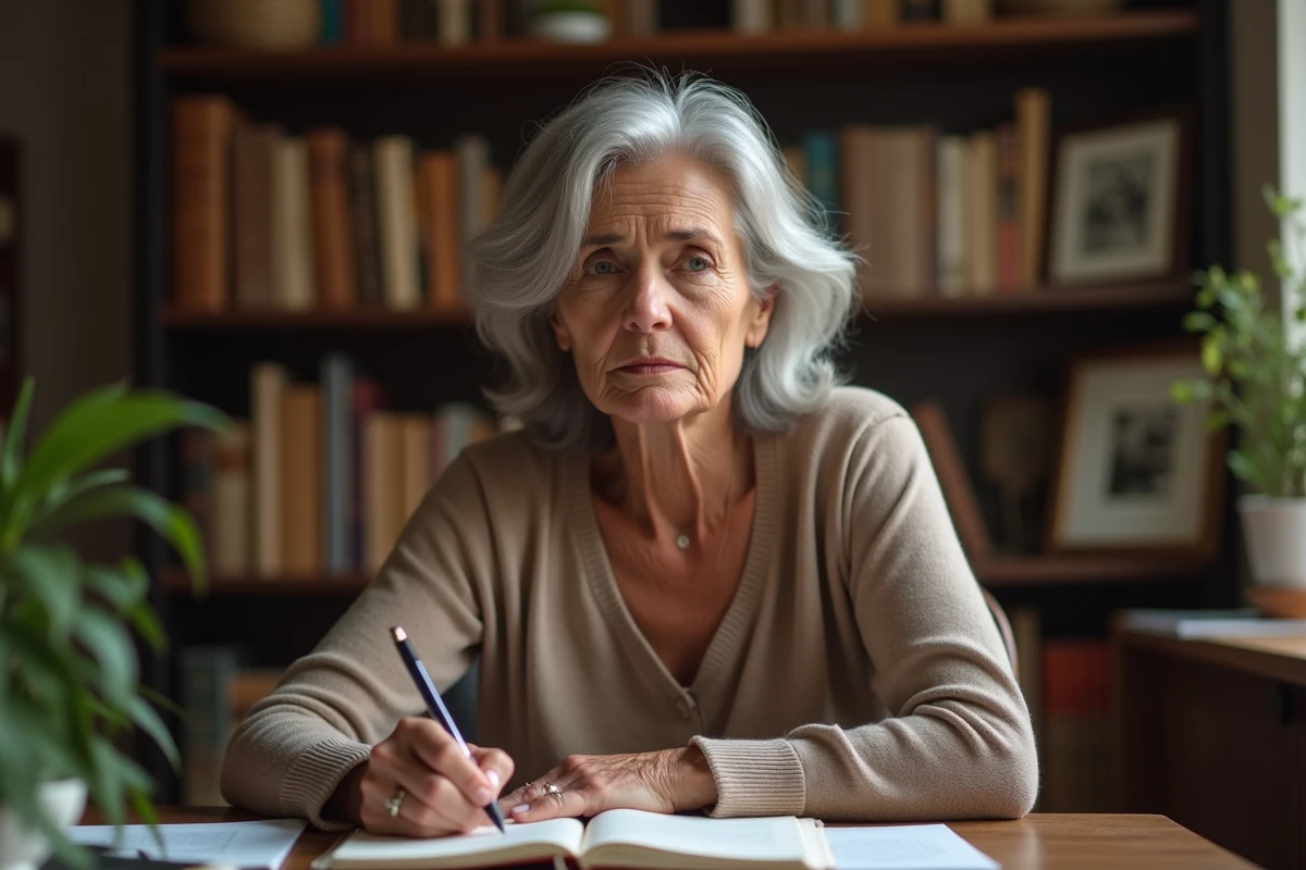 Femme mature écrivant dans un journal intime à son bureau, expression mélancolique, processus de guérison émotionnelle après une déception familiale