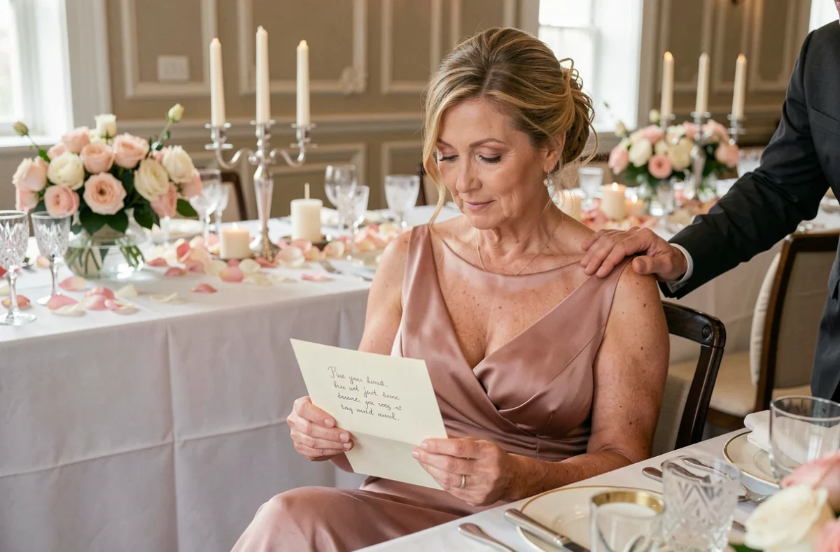 Mère de la mariée lisant un poème émouvant à la table de mariage, son mari posant la main sur son épaule