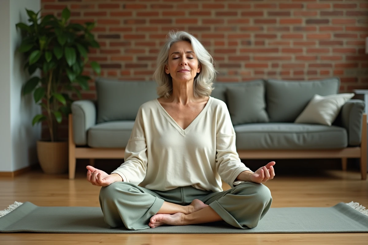 Femme d'âge mûr en méditation sur un tapis de yoga dans son salon, cherchant à se reconstruire émotionnellement après une déception parentale