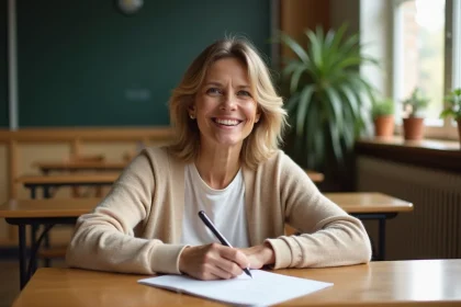 Femme souriante écrivant un message de remerciement émouvant à sa maîtresse dans une salle de classe chaleureuse