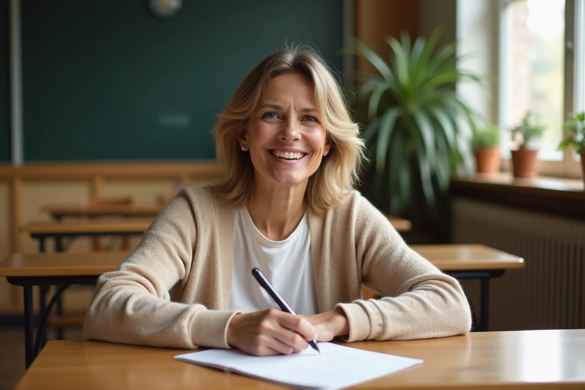 Femme souriante écrivant un message de remerciement émouvant à sa maîtresse dans une salle de classe chaleureuse