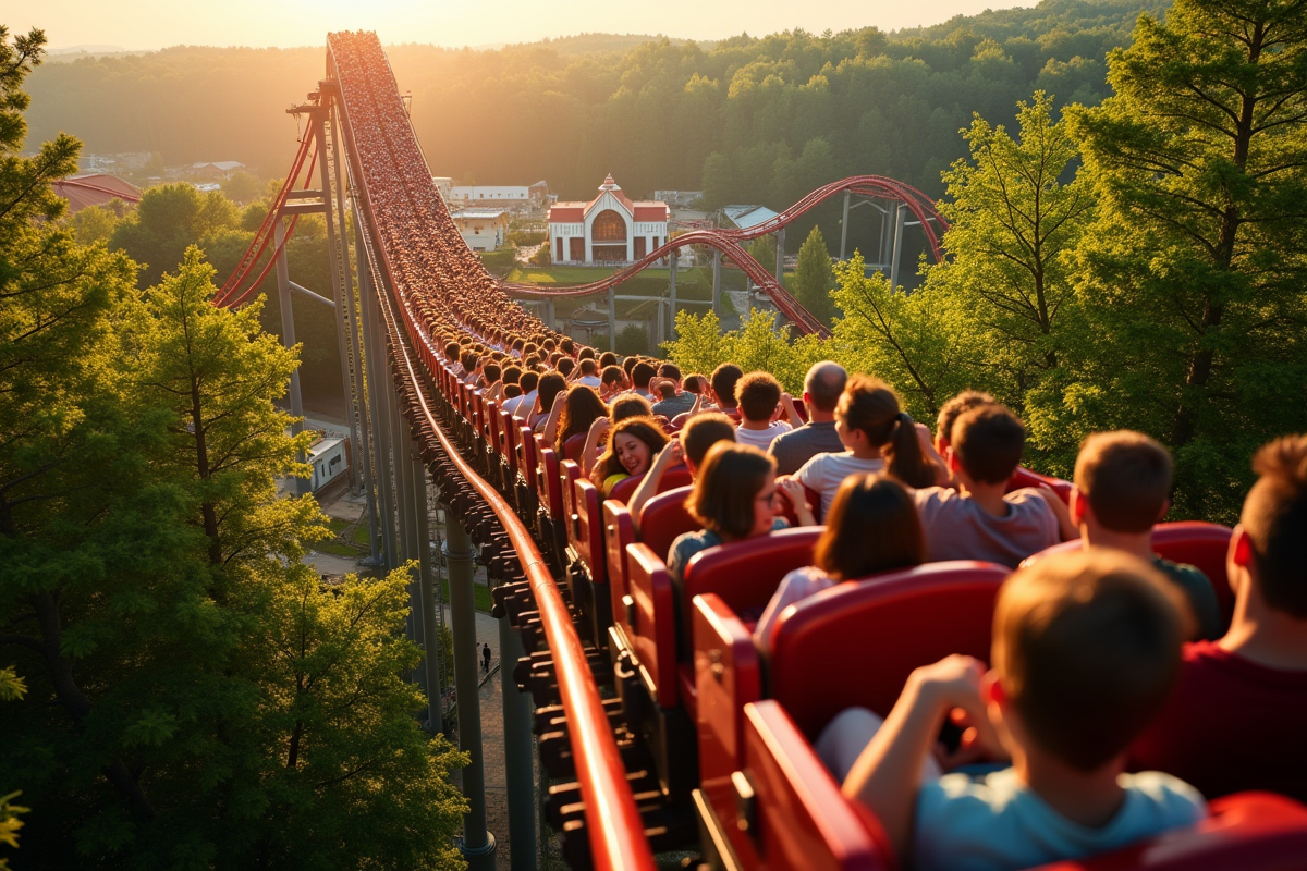 Montagnes russes à Europa Park avec visiteurs excités