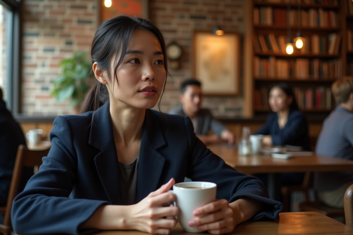 Femme assise dans un café londonien traditionnel tenant une tasse de café avec une expression pensive