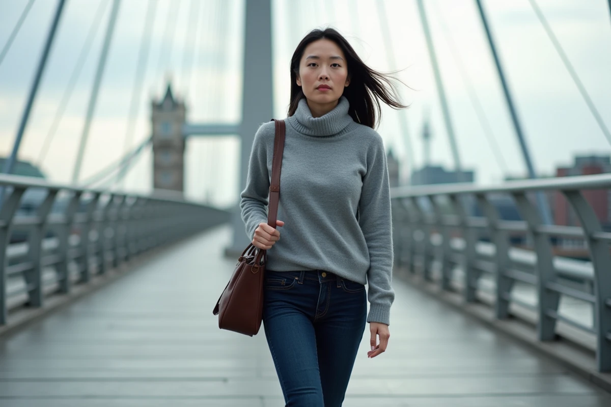 Femme traversant le Millennium Bridge à Londres avec la Tate Modern en arrière-plan flou