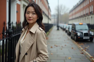 Femme d'origine franco-vietnamienne en manteau beige dans une rue résidentielle londonienne en automne