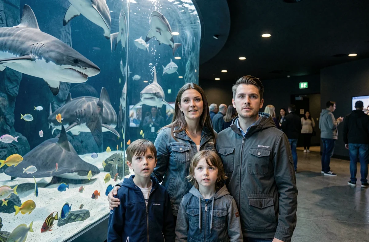 Une famille émerveillée devant un immense aquarium de requins et raies à Nausicaá, le Centre national de la mer à Boulogne-sur-Mer
