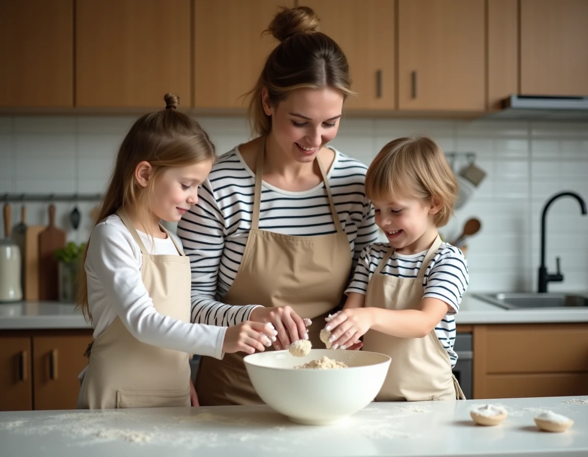 Nounou et deux enfants en tablier préparant une recette ensemble dans une cuisine familiale