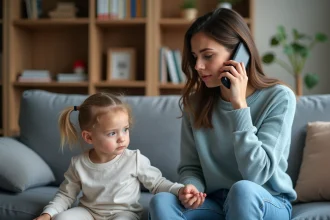 Jeune nounou parle au téléphone en tenant la main d'un enfant inquiet
