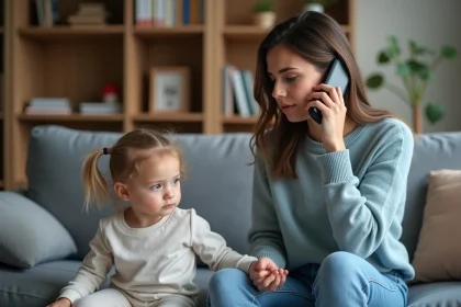 Jeune nounou parle au t&eacute;l&eacute;phone en tenant la main d'un enfant inquiet