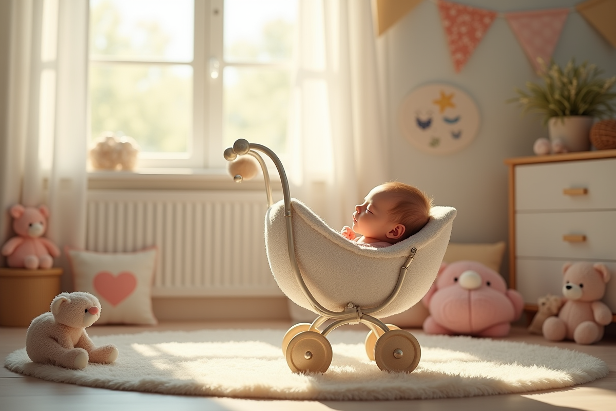 Berceau avec un nouveau-né endormi dans une chambre chaleureuse