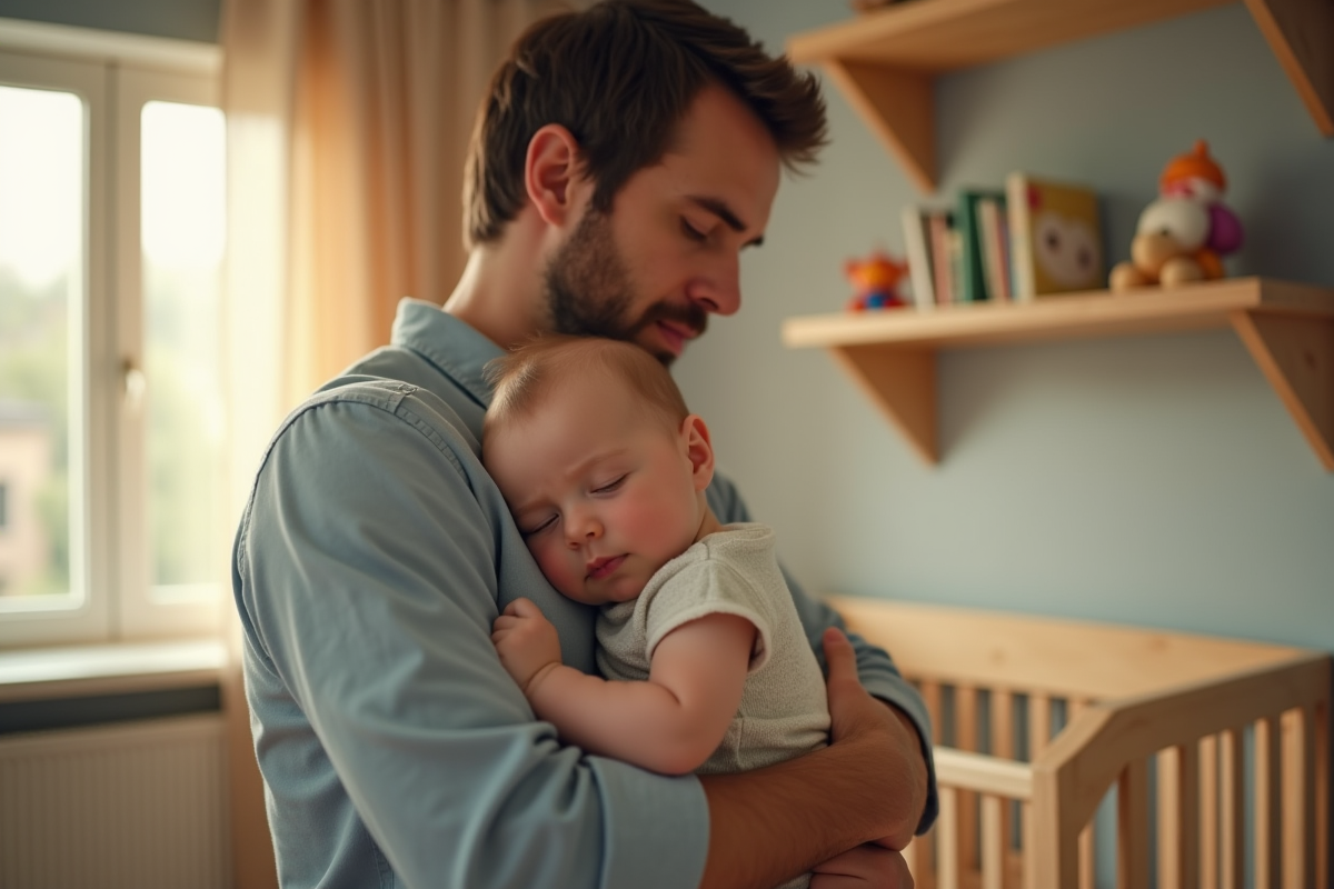 Père dans une nurserie avec bébé endormi sur l