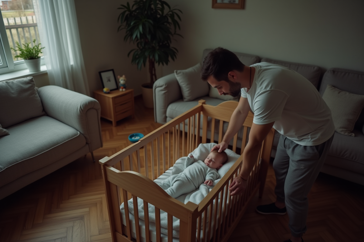 Papa rassurant déposant son bébé dans le lit la nuit