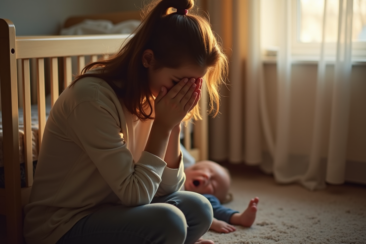 Parent fatigué assis près du lit de bébé dans la lumière du matin