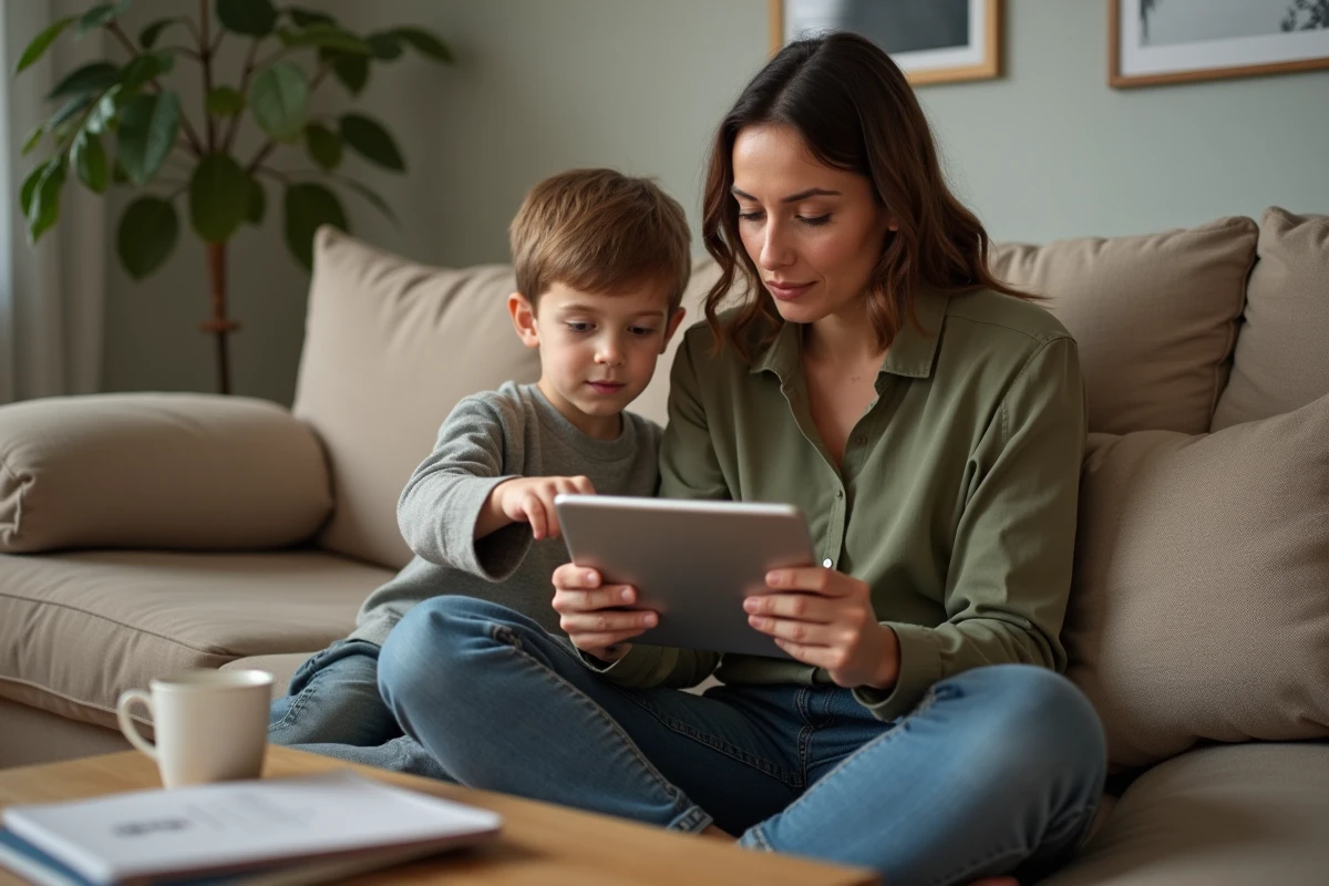 Mère parent isolé avec son enfant à la maison consultant des informations fiscales sur une tablette