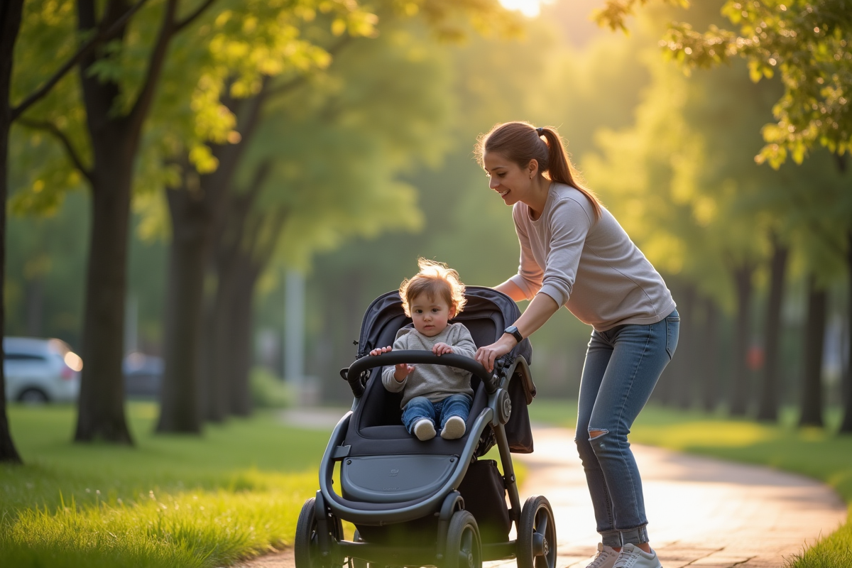 Parent dehors poussant doucement un bébé curieux en poussette