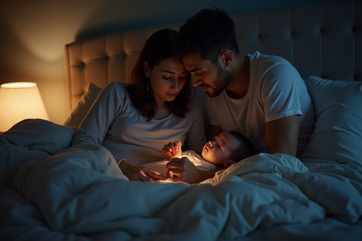 Parents fatigués réconfortant leur bébé éveillé la nuit