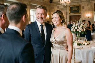 Parents élégants en tenue de mariage souriant avec émotion lors de la réception de leur enfant dans un château