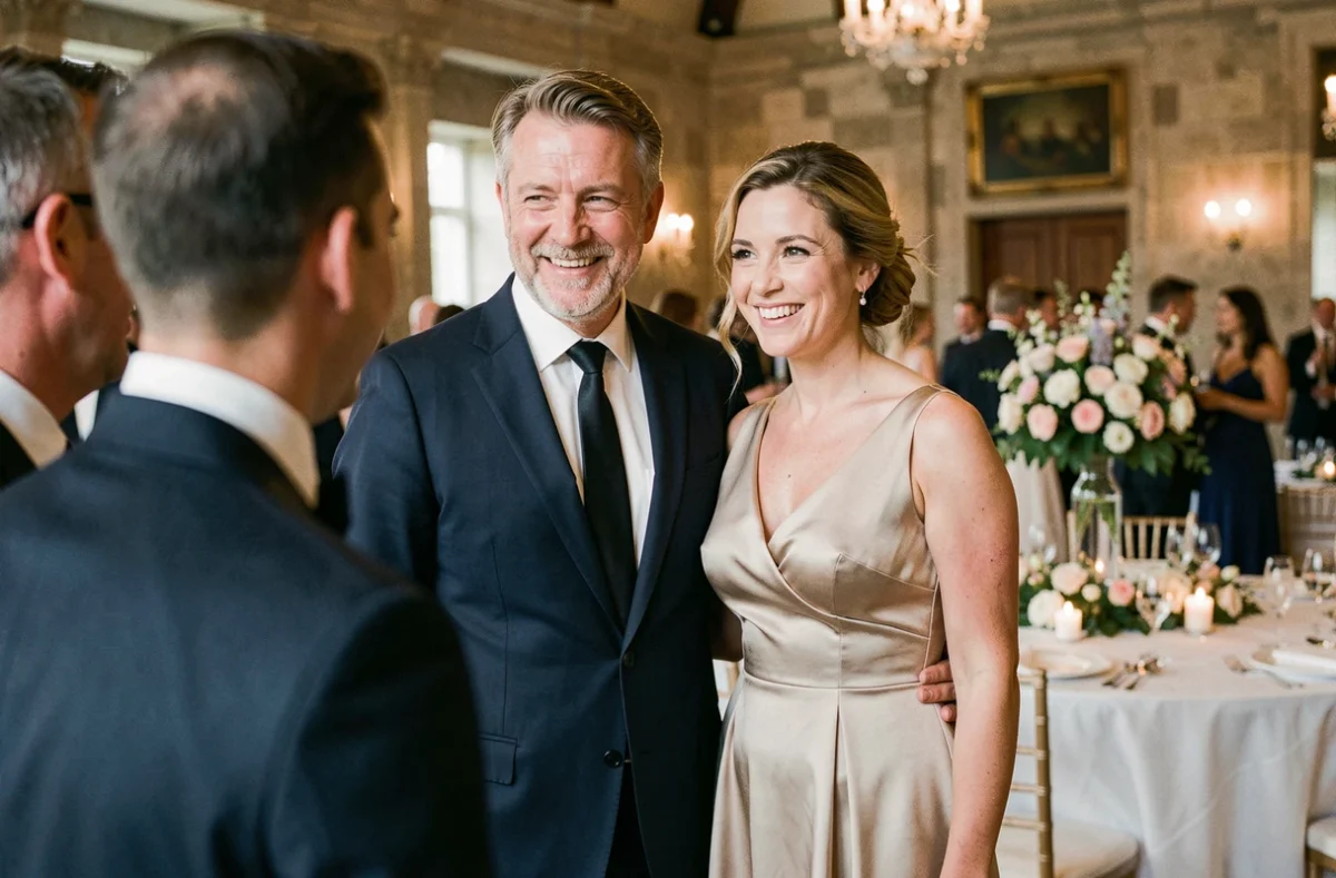 Parents élégants en tenue de mariage souriant avec émotion lors de la réception de leur enfant dans un château
