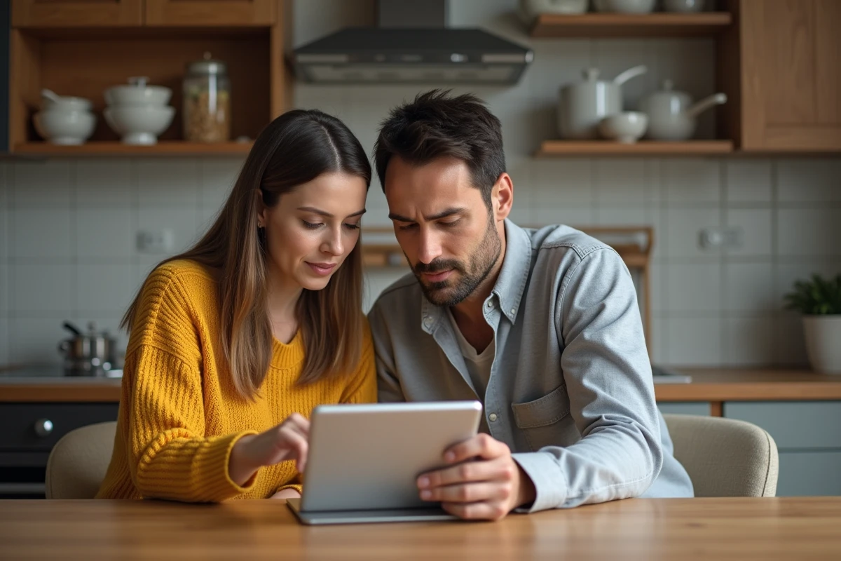 Parents consultant un site de fiche classe en ligne sur une tablette à la maison pour vérifier la sécurité des données