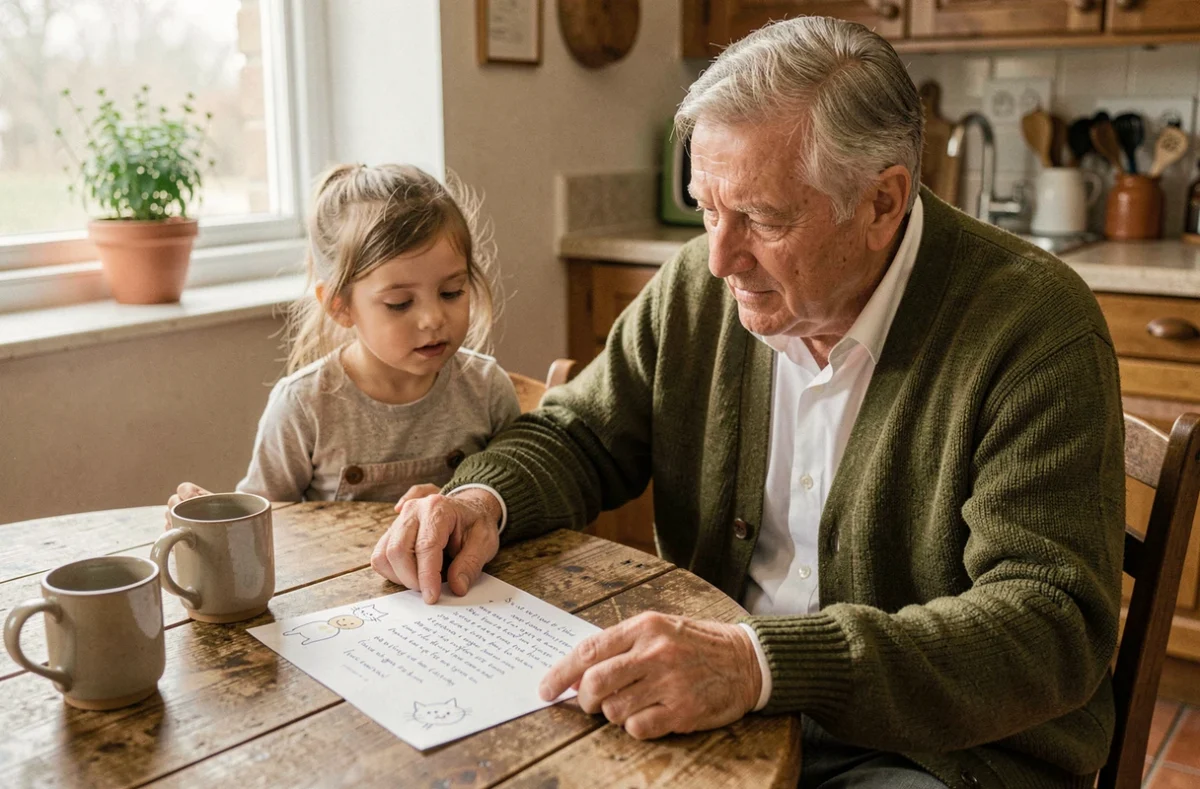 Grand-père et petite-fille chantant la comptine 3 petits chats autour d'une feuille de paroles illustrée à la maison